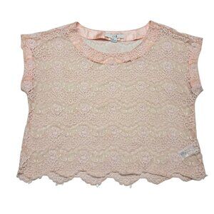 Forever 21 XXI Shirt Womens Large Pink Sheer Lace Crop‎ Top Floral Boho Festival